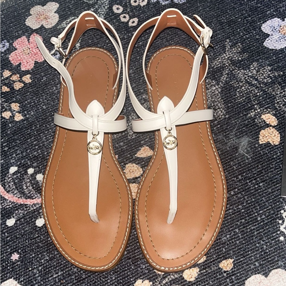 SOLD ❌ Coach White and Brown T-Strap Sandals